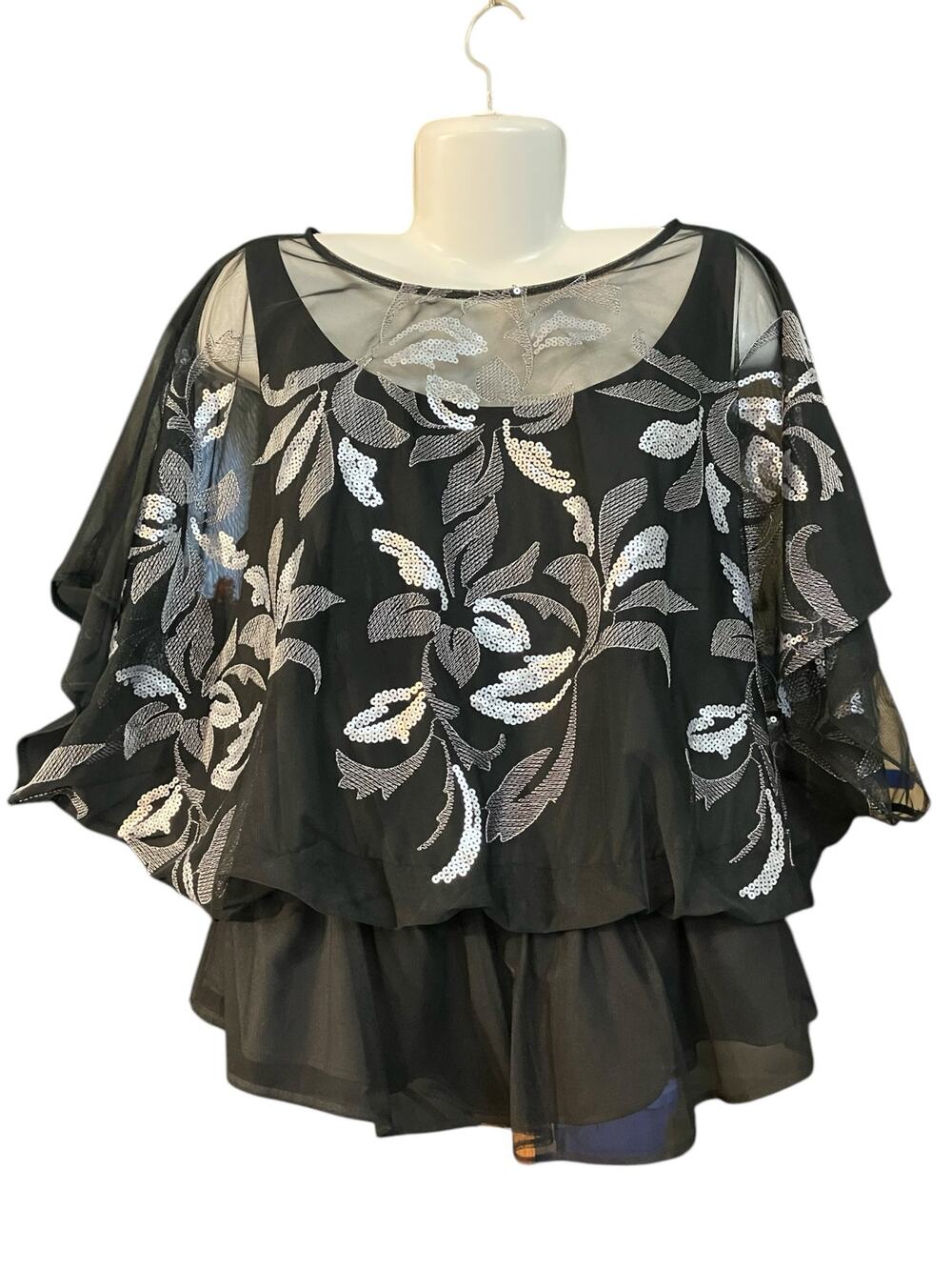 DressBarn Collection Women's Black/Silver Sequin Layered Elastic Waist Top SZ 16